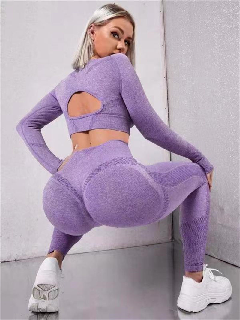 2pcs Long Sleeve Hollow Tops And Butt Lifting Leggings