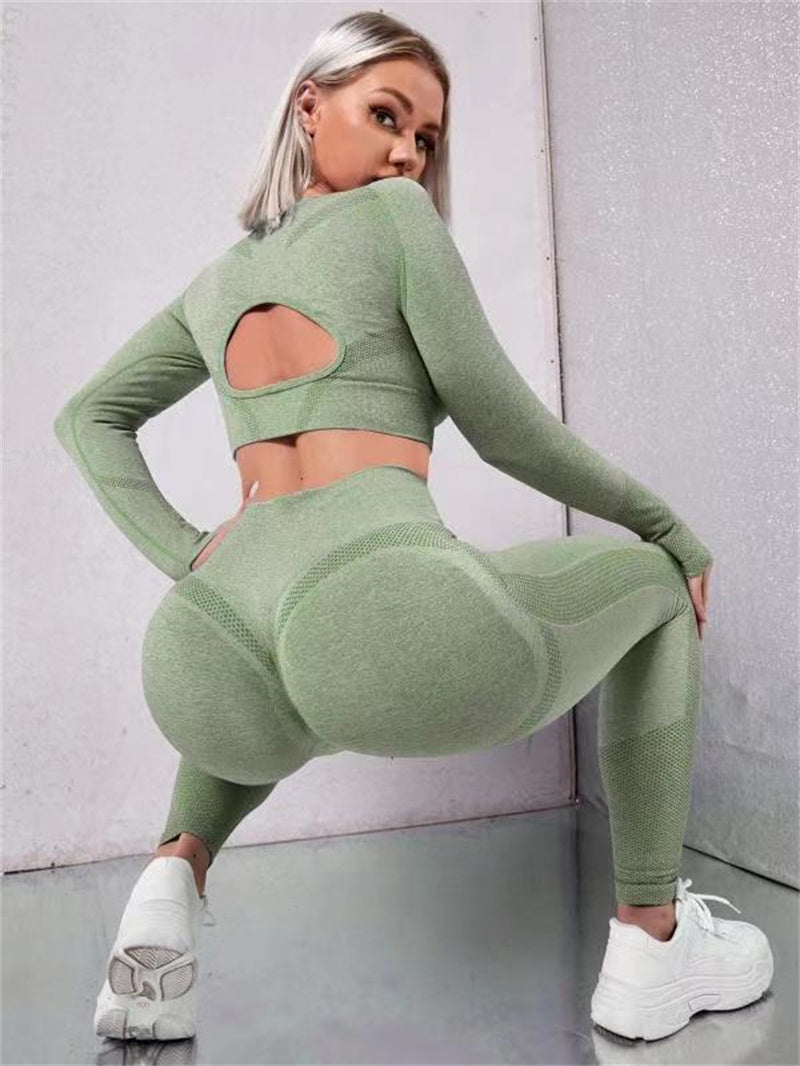 2pcs Long Sleeve Hollow Tops And Butt Lifting Leggings