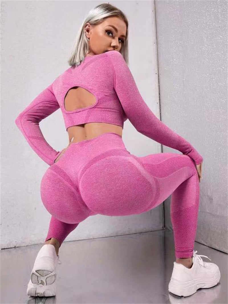 2pcs Long Sleeve Hollow Tops And Butt Lifting Leggings