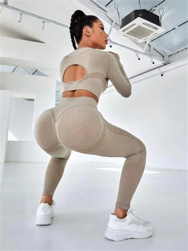 2pcs Long Sleeve Hollow Tops And Butt Lifting Leggings