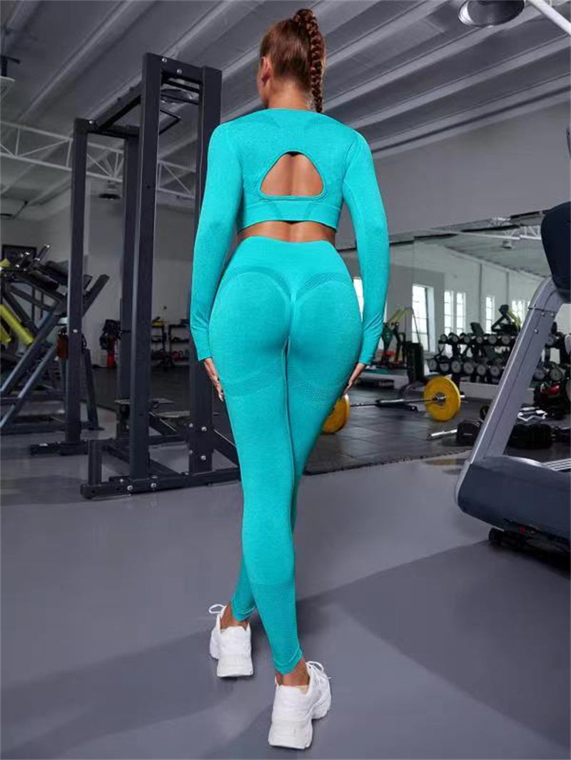2pcs Long Sleeve Hollow Tops And Butt Lifting Leggings